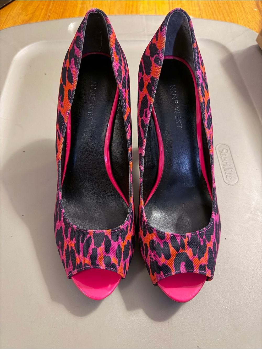 Nine West Hot Pink and Orange Leopard Peep-Toe Pumps